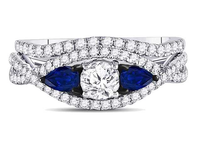 1.35 Carat (G-H, I1-I2) Diamond Engagement Ring Bridal Wedding Set in 14K White Gold with Blue Sapphires - 8.5