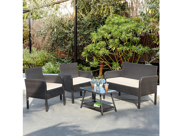 Costway 8 Piece Patio Rattan Wicker Furniture Set Conversation Sofa Bench Cushioned - White