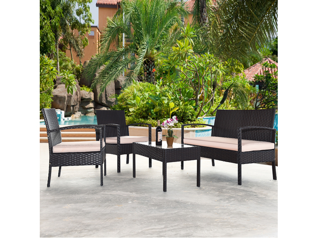 Costway 8 Piece Patio Rattan Conversation Furniture Set Cushioned Seat Glass Table