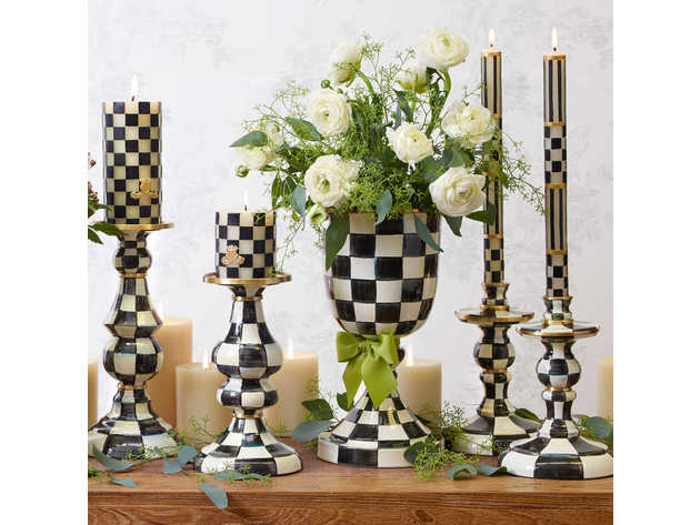 MacKenzie-Childs Courtly Check Enamel Pedestal Vase - Green Bow