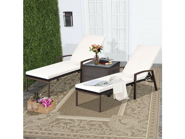 Costway 2 Piece Patio Rattan Lounge Chair Chaise Recliner Back Adjustable Cushioned Garden