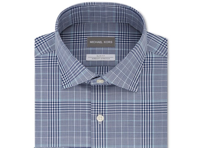 Michael Kors Men's Slim-Fit Non-Iron Airsoft Performance Stretch Plaid Dress Shirt Blue Size 16-3637