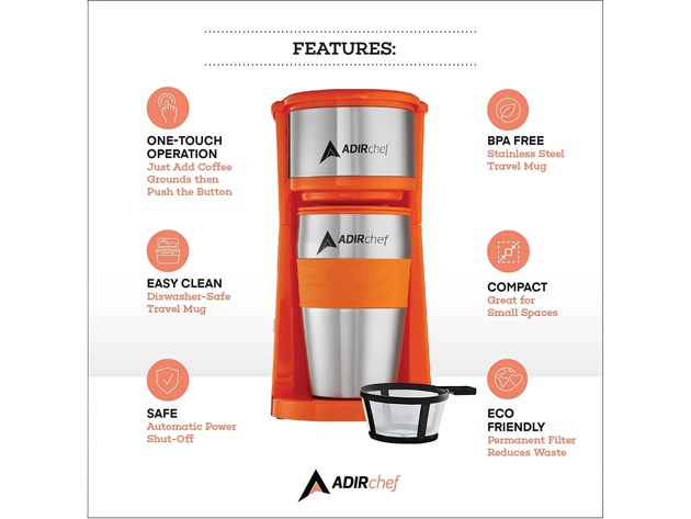 AdirChef Mini Travel Single Serve Coffee Maker & 15oz Travel Tumbler (Orange)