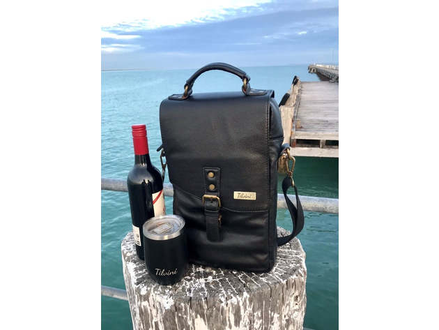 Black Insulated Genuine Leather Wine Carrier Bag & 2 Wine Tumblers. Wine Cooler Bag For Women & Men