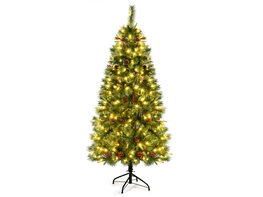 Costway 6Ft Pre-lit Hinged PE Artificial Christmas Tree w/ 250 LED Lights & Pine Cones - Green, Red, Brown