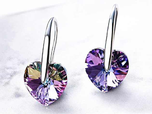 18K White Gold Drop Earrings with Heart-Shaped Swarovski Stones (Pink)