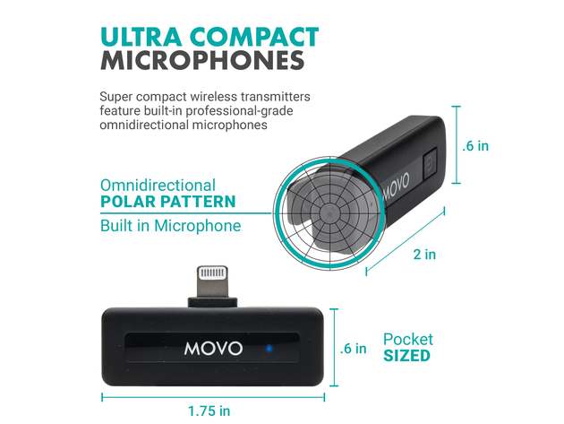 Movo Wireless Mini DI Duo - Ultracompact Dual Rechargeable Wireless Lavalier Microphone System for Lightning