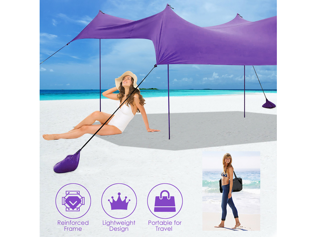 Costway Family Beach Tent Canopy w/4 Poles Sandbag Anchors 10'x9' UPF50+ - Purple