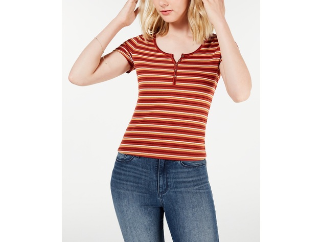 Hippie Rose Juniors' Rib-Knit Henley Top Red Size Medium