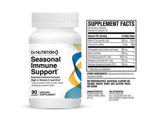 Dr Nutrition 360 Seasonal Immune Support, High in Vitamin C and Zinc, 90 Capsules, 1 Month Supply Dietary Supplement