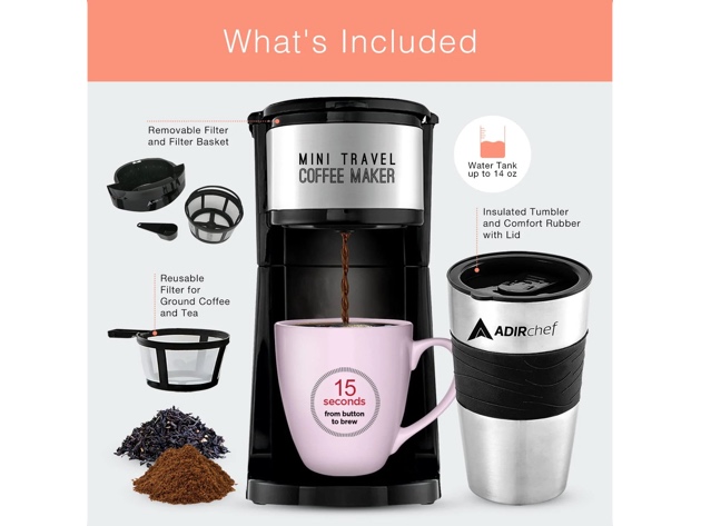 AdirChef Mini Travel Single Serve Coffee Maker & 15oz Travel Tumbler