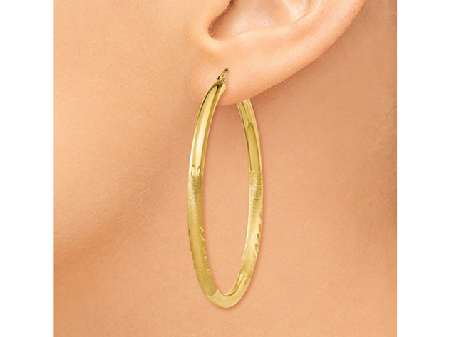 Large Satin and Diamond Cut Hoop Earrings in 14K Yellow Gold 2 Inch (3.00 mm)