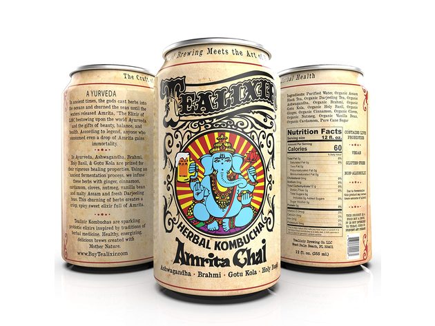 12-PACK Tealixir Herbal Kombucha Tea Amrita Chai with Ashwagandha, Brahmi and Gotu Kola, 12 Ounces Each (144 Ounces)