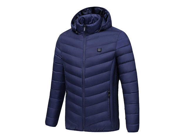 CALDO-X Heated Jacket with Detachable Hood (Navy/Large, Requires Power Bank)