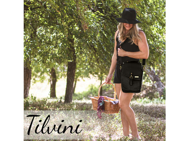 Black Insulated Genuine Leather Wine Carrier Bag & 2 Wine Tumblers. Wine Cooler Bag For Women & Men