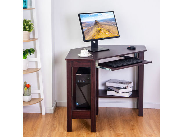 Costway Wooden Corner Desk With Drawer Computer PC Table Study Office Room - Brown