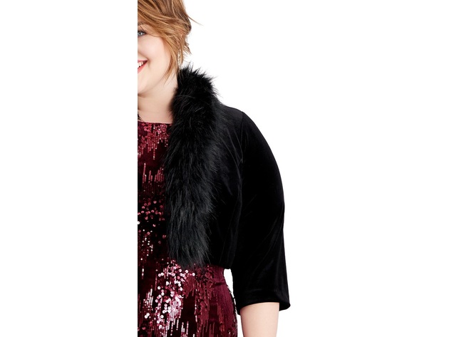 Jessica Howard Women's Plus Size Velvet Faux-Fur-Trim Shrug Black Size 2 Extra Large