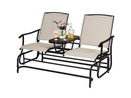 Costway 2 Person Patio Double Glider Loveseat Rocking with Center Table Beige
