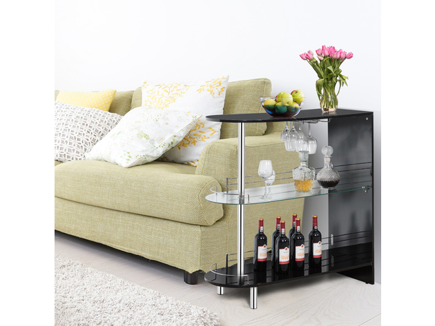 Costway Bar Table Wine Storage Unit w/Tempered Glass Shelf & Glass Holders Glossy Black