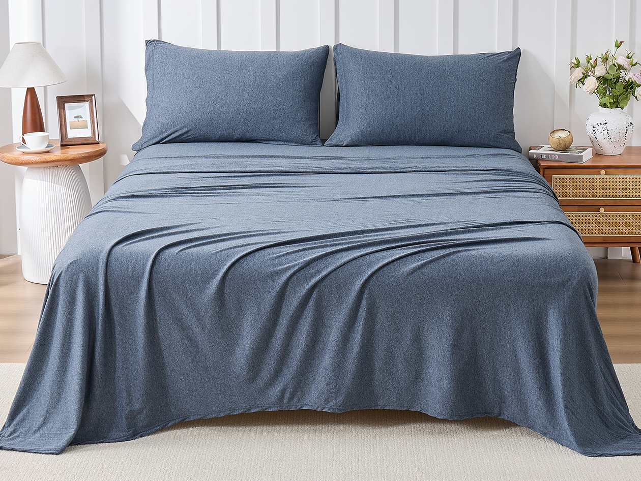 Kathy Ireland 4 Piece Heathered Jersey Knit Cotton Sheet Set (Queen/Denim)