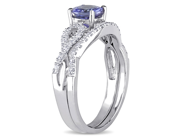 1.00 Carat (ctw) Tanzanite Engagement Ring & Wedding Band in 10K White Gold with Diamonds - 10