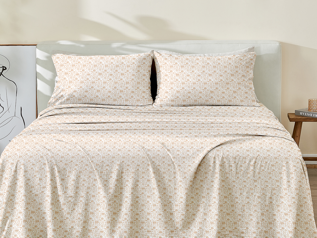 4-Piece Floral Print Microfiber Sheet Set (Diamond Taupe/Queen)
