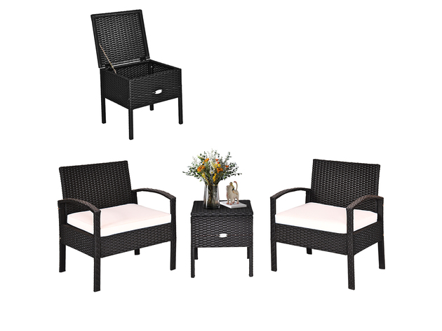 Costway 3 Piece Outdoor Patio Rattan Furniture Set Storage Coffee Table Cushioned Sofa Black 