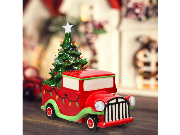 Costway Pre-lit Vintage Tabletop Ceramic Tree and Truck Battery Powered Christmas Decor - Red/Green