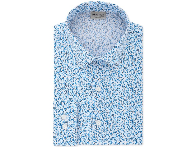 Kenneth Cole Reaction Men's All Day Flex Slim-Fit Performance Stretch Printed Dress Shirt Blue Size 34-35