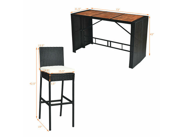 COSTWAY 7 Piece Patio Rattan Wicker Bar Dining Furniture Set wood Table Top 6 Stools - Black