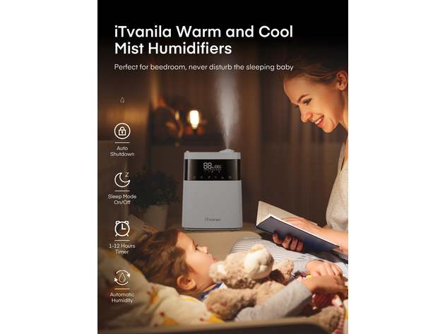 iTvanila Humidifiers, 5.5L Top Fill Cool and Warm Mist Humidifier Essential Oil Built-in Humidity Sensor, with Timer, Last up to 55 Hours for Baby Room and Office (White)