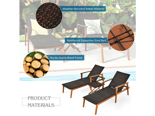 Costway 3 Piece Patio Rattan Lounge Chair Chaise Set Wooden Frame Folding Table - Mix Brown