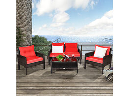 Costway 4PCS Patio Rattan Furniture Set Loveseat Sofa Coffee Table Garden W/Red Cushion - Red