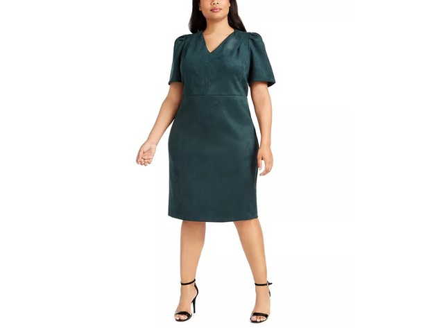 Calvin Klein Women's Plus Size Puff-Sleeve Faux-Suede Dress Green Size 22