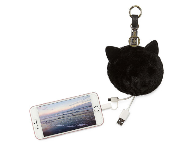 Liz Claiborne Pom Pom Key Chain Phone Charger, Holds Up to 3 Hours of Charge, Black (New Open Box)