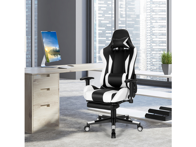 Costway Massage Gaming Chair Recliner Gamer Racing Chair w/ Lumbar Support & Footrest - White and Black