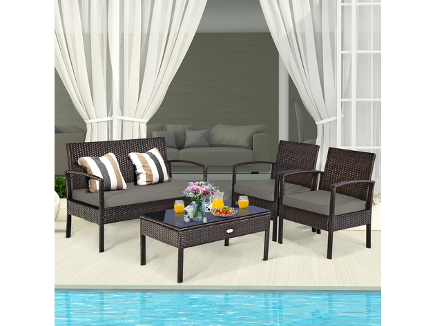 Costway 4 Piece Patio Rattan Wicker Furniture Set Brown Loveseat Sofa Cushioned Garden Yard
