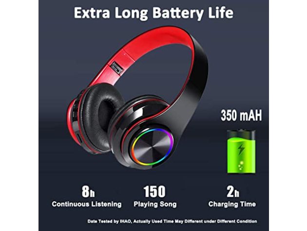 Wireless Headset Over Ear Headphones with Microphone Bluetooth 5.0 HiFi Stereo Sound Foldable Rechargeable LED Light