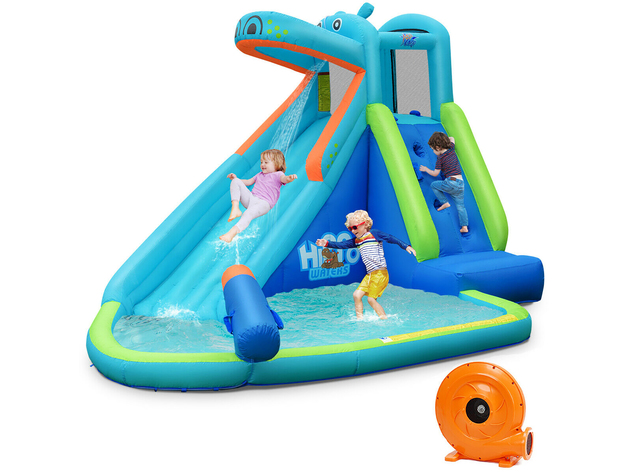 Costway Inflatable Kids Hippo Bounce House Slide Climbing Wall Splash Pool w/740W Blower - Blue