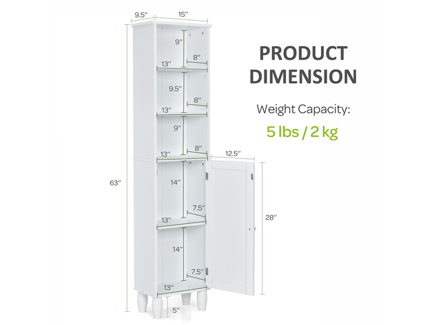 Costway Bathroom Storage Cabinet Tower Bath Cabinet Storage Shelving Display Cabinet - White