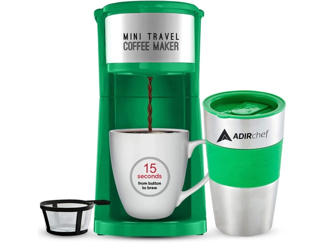 AdirChef Mini Travel Single Serve Coffee Maker & 15oz Travel Tumbler (Green)