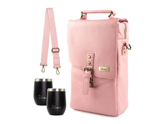 Pink Insulated Genuine Leather Wine Tote Bag & 2 Wine Tumblers. Wine Purse Wine Gift For Women