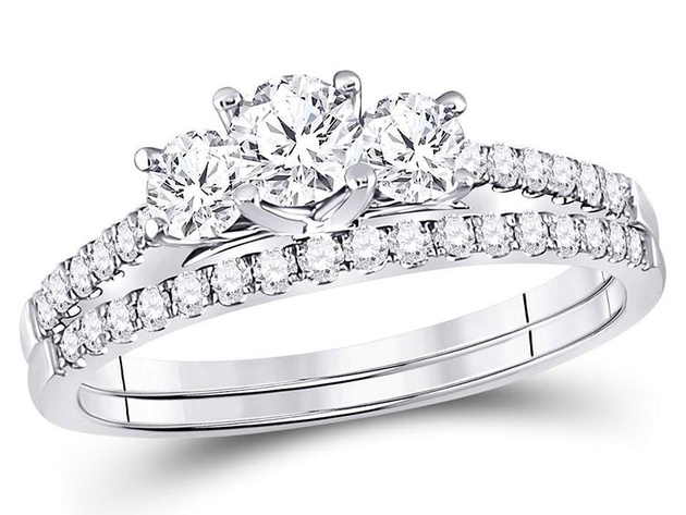 1.00 Carat (ctw G-H, I1) Three Stone Diamond Engagement Ring Bridal Wedding Band Set 14K White Gold - 6