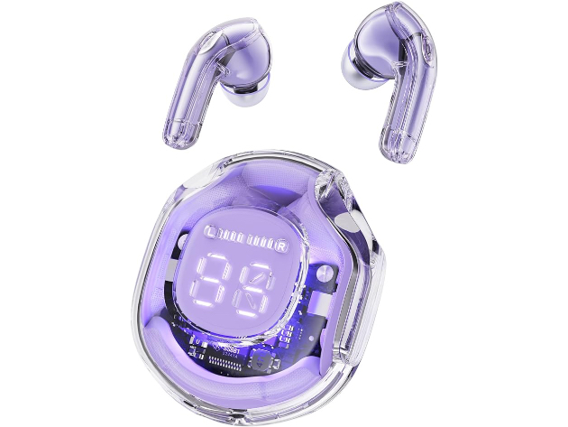 Transparent Bluetooth Earbuds with LED Power Display Charging Case Purple