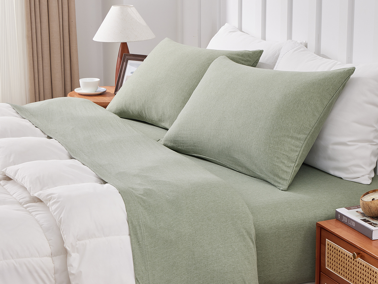 Kathy Ireland 4 Piece Heathered Jersey Knit Cotton Sheet Set (Queen/Olive)