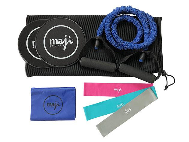 Resistance bands, a stretch band, a toning tube and discs