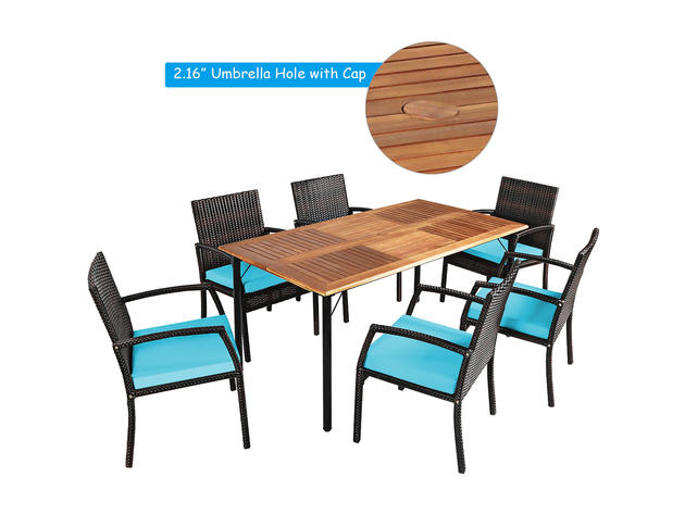Costway 7 Piece Patio Rattan Dining Chair Table Set W/ Cushion Umbrella Hole Red\\Navy - Turquoise