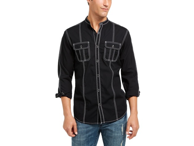 INC International Concepts Men's Contrast Topstitched Shirt Black Size Medium