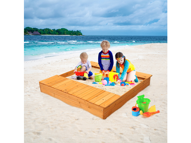 Costway Kids Cedar Sandbox w/ Canopy & Bench Seats Children Outdoor Playset Backyard