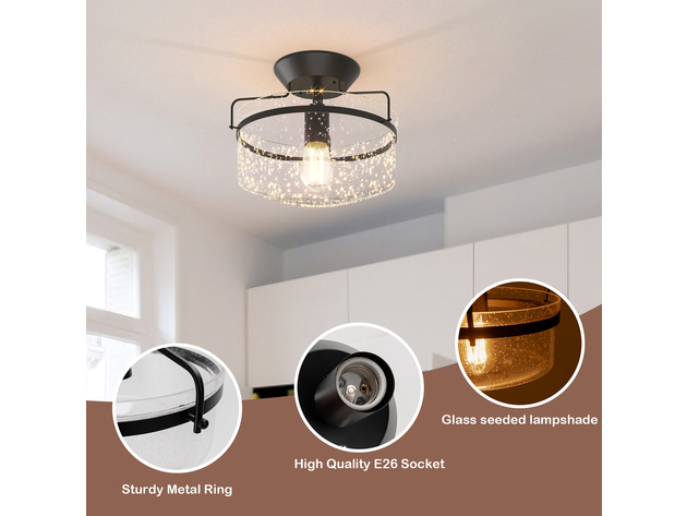 Costway Semi Flush Mount Ceiling Light Fixture Industrial Seeded Glass Pendant Lamp - Black